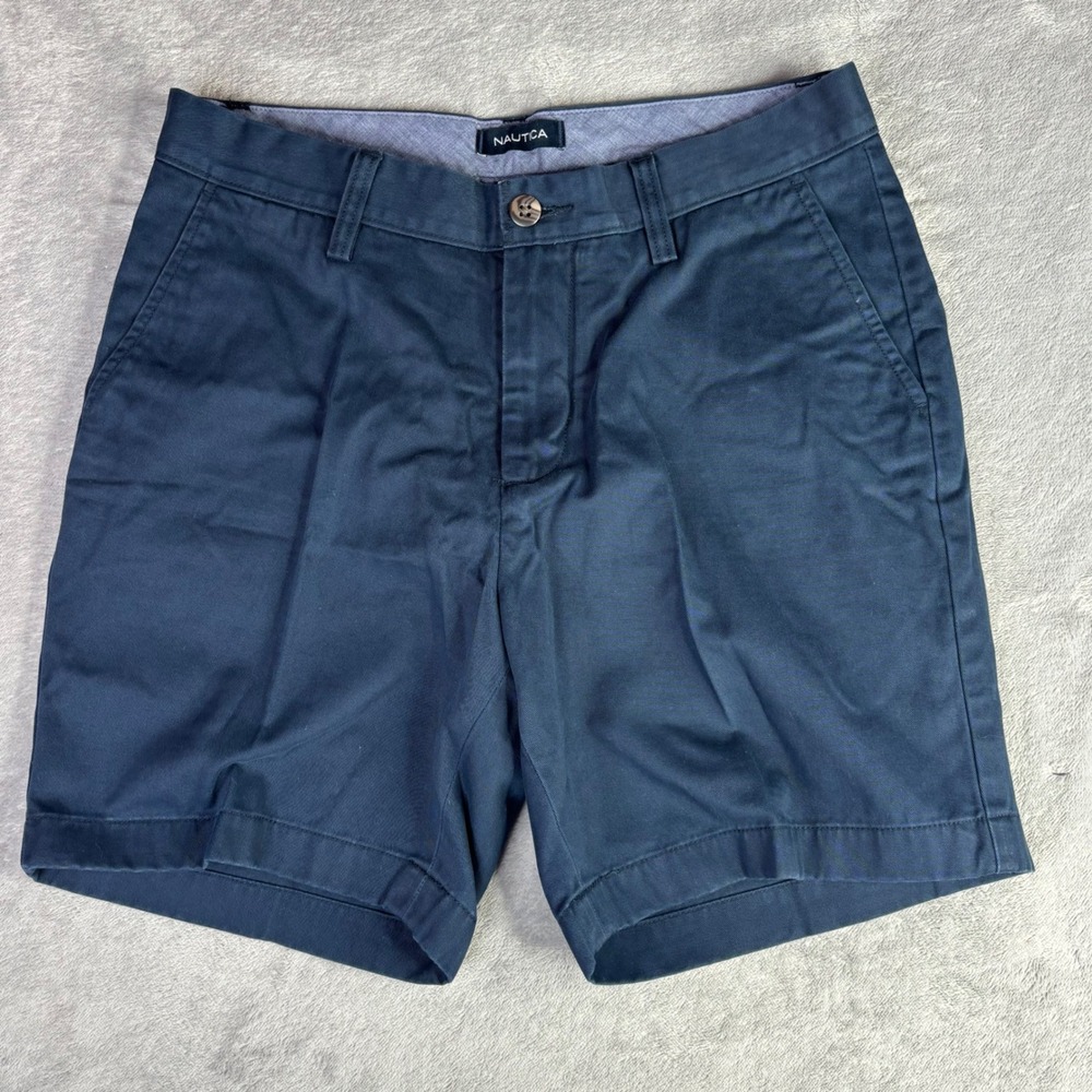 Nautica Chino Shorts Men 30 Navy Blue Cotton Twill Flat Front Casual 6‎ Inseam